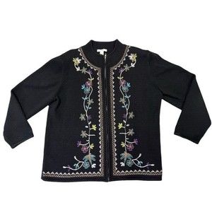 Dress Barn Black Embroidered Floral Long Sleeve Zip Up Cardigan Sweater 18/20